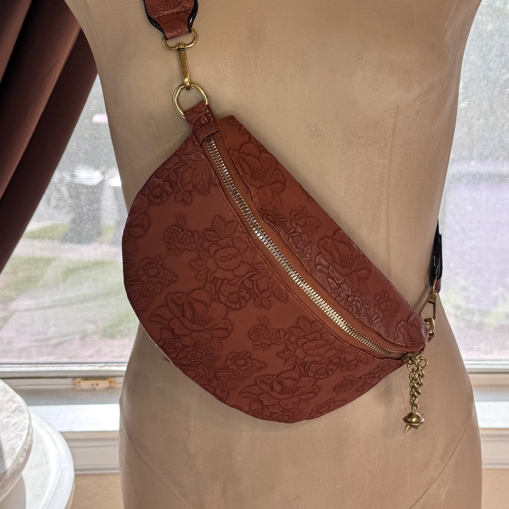 Floral Embossed Terracotta Sling Bag with Geometric Guitar Strap Crossbody
